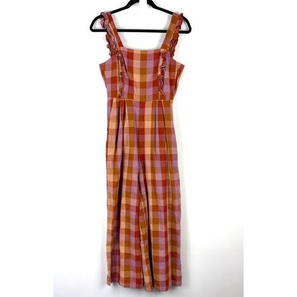 Mod Cloth x Princess Highway Linen Prairie Check Jumpsuit Orange Size Small - Picture 2 of 15